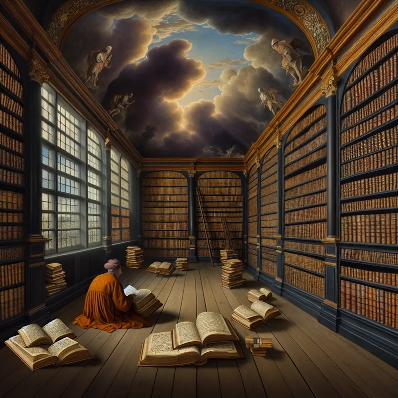 Landschapsschilderij in de stijl van Jacob van Ruisdael met een uitgestrekte bibliotheek vol geschiedenisboeken op elegante houten planken.