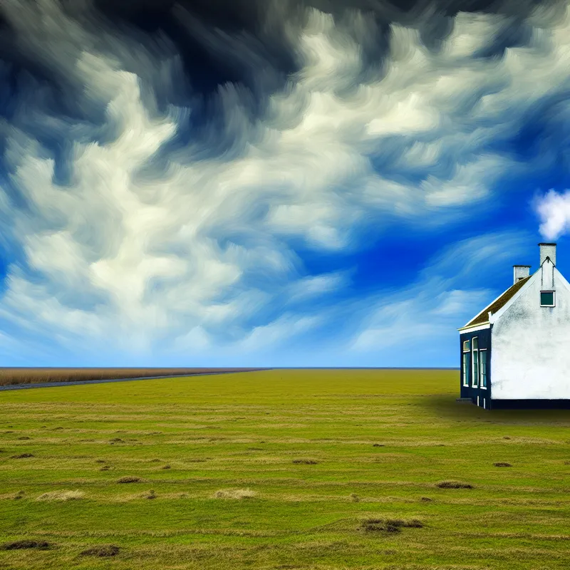 Pittoresk landschap met een enkele huis in een uitgestrekt veld, onder dramatische wolken