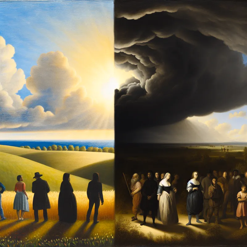 Twee groepen mensen in een landschap; links staan ze in een zonverlichte veld met een positieve blik, rechts in de schaduw van een donkere wolk met een sceptische houding.
