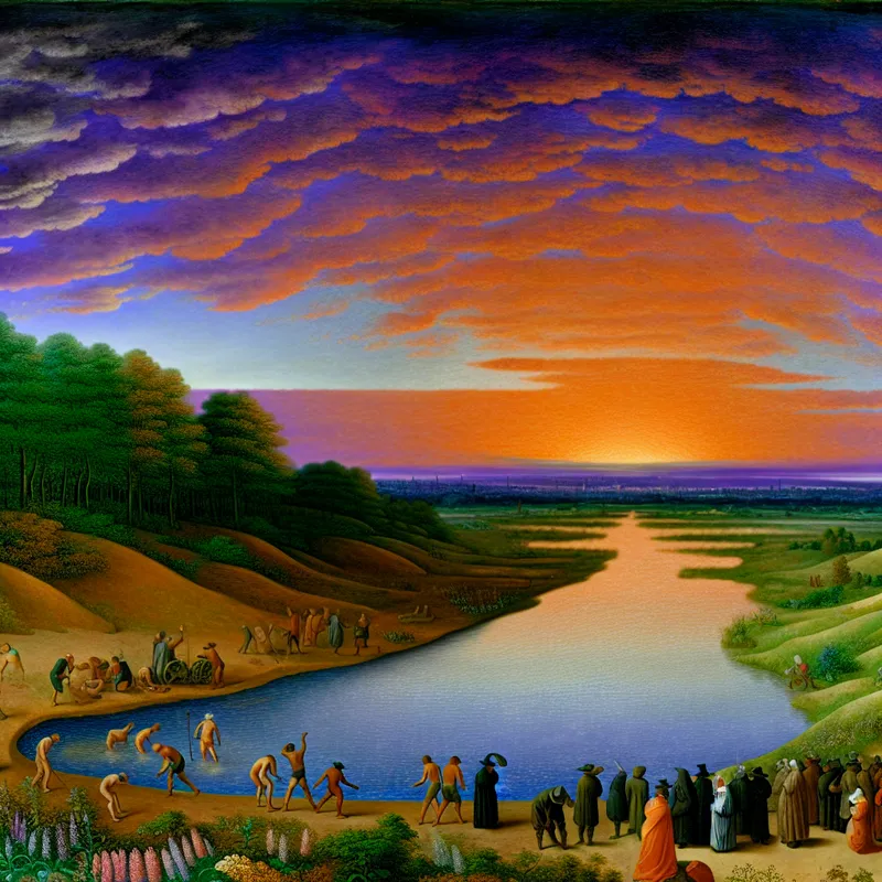 Een serene landschap met een rivier en een groep mensen die zich voorbereiden op een vergadering aan het einde van de dag.