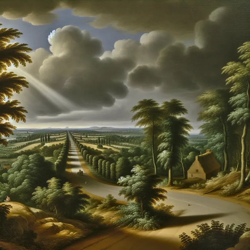 Gedetailleerd landschap schilderij van het einde van een straat met een schilderachtige huis tussen heuvels.