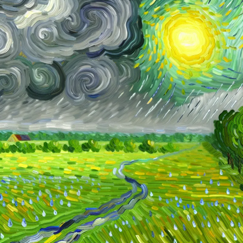 Expressieve landschapsschilderij met een zon die door de wolken breekt na de regen, met een glooiend pad naar een klein huis.