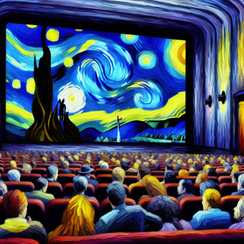 Een levendig beeld van een filmvertoning met een betrokken publiek in een sfeervolle theateromgeving.