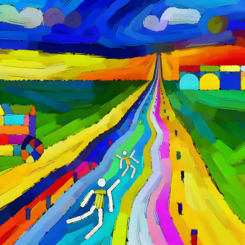 Abstracte voorstelling van een lange, kronkelende afstand met twee figuurtjes die een levendig pad volgen in felle kleuren, geïnspireerd op de stijl van Karel Appel