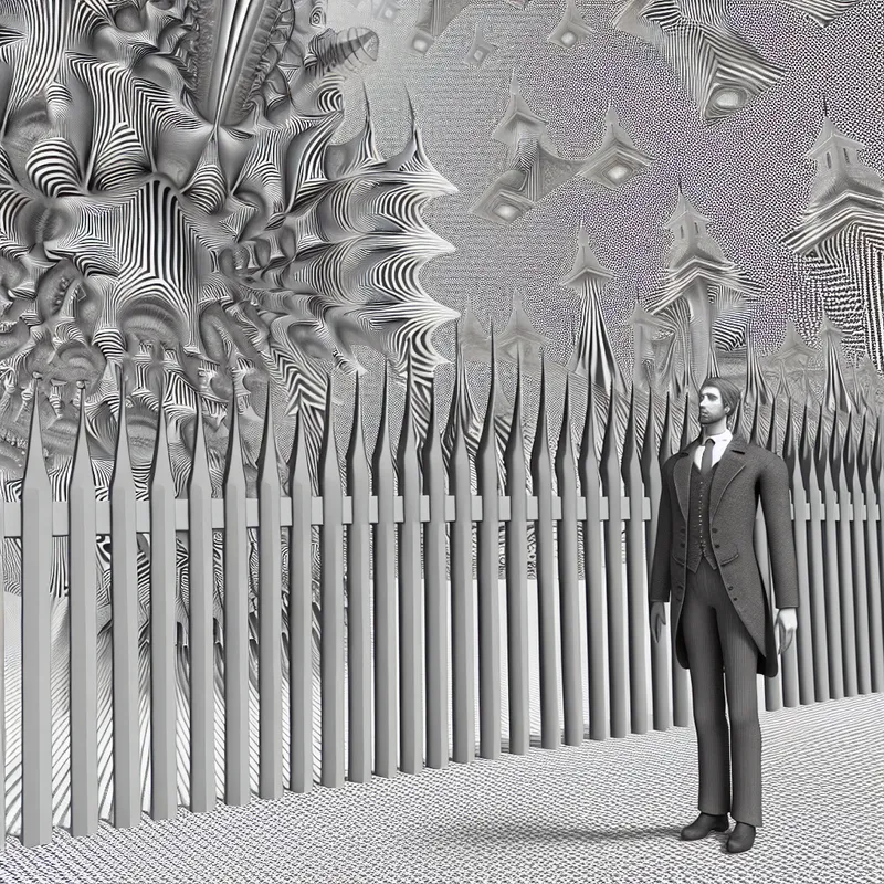 Een uitzonderlijk lange man staat naast een verwrongen hek en kijkt erover heen, omgeven door een surrealistisch landschap met onmogelijke constructies.