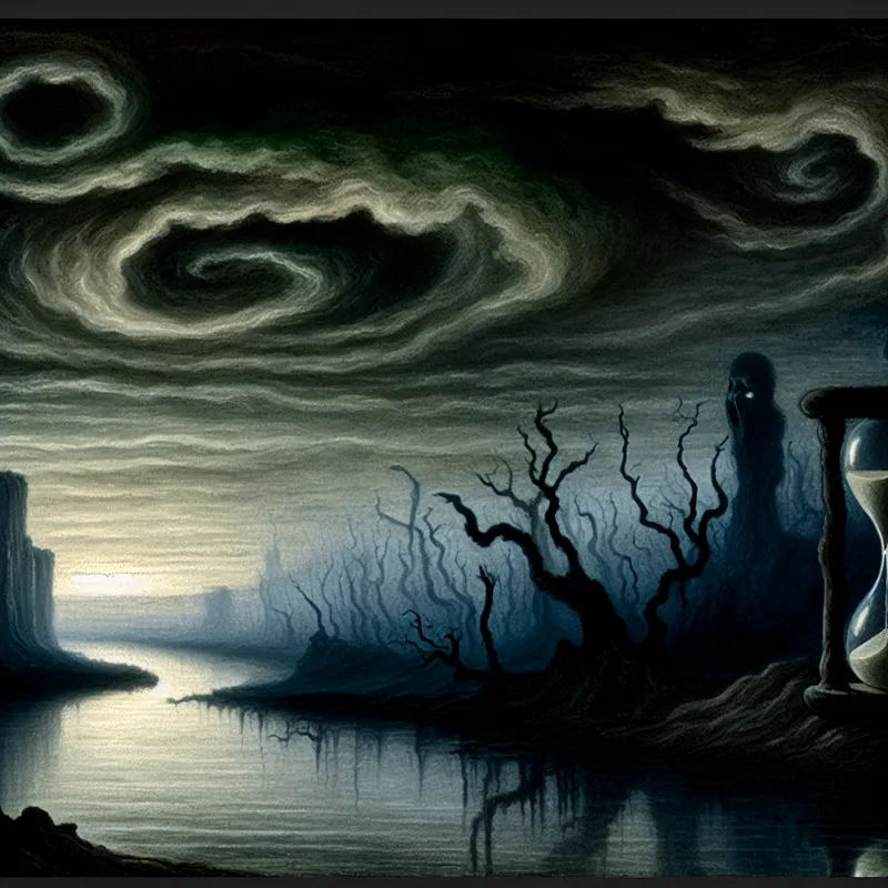 Een kronkelige rivier die door een mistig landschap stroomt, met gelaagdheid in de lucht door donkere wolken en symbolische elementen zoals een gedeeltelijk ondergedompelde zandloper.