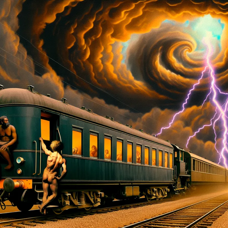 Een oude locomotief beweegt langzaam door een dramatische onweersbui met bliksem en donkere wolken.