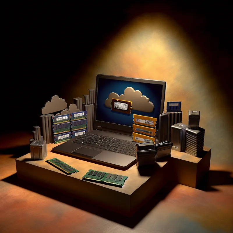 Dramatische stilleven van een moderne laptop omgeven door geheugenapparaten zoals RAM-sticks en harde schijven.