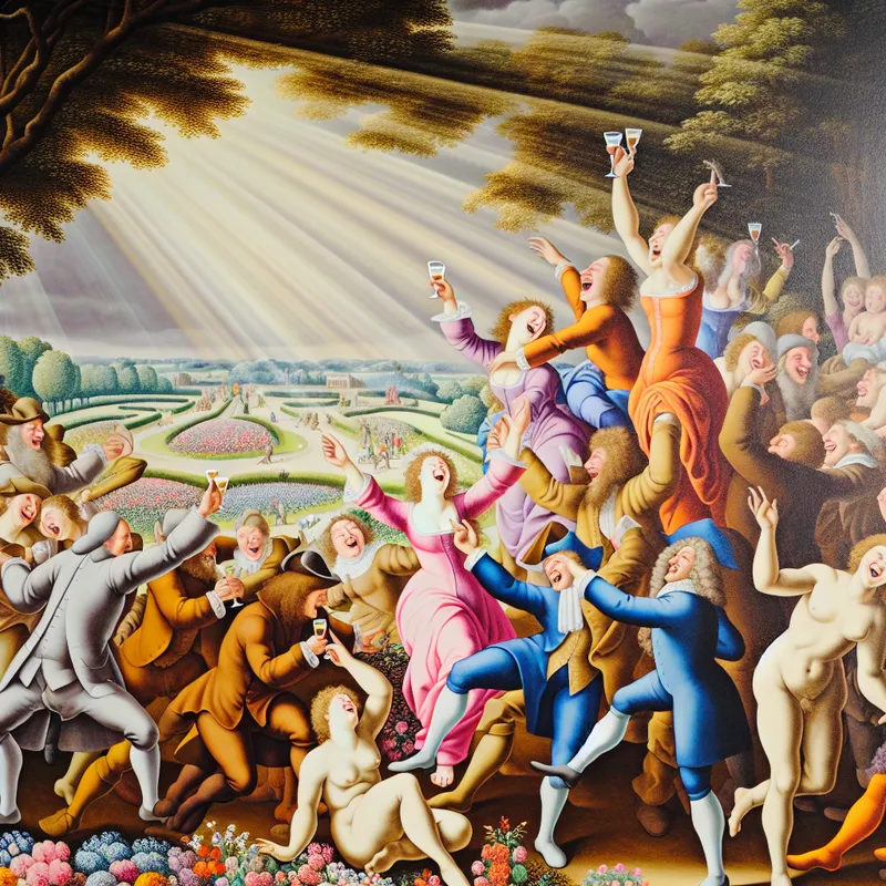 Illustratie van de 'Lars' trend op sociale media, met een diverse groep mensen die vreugde en positiviteit delen in een zonnige omgeving.