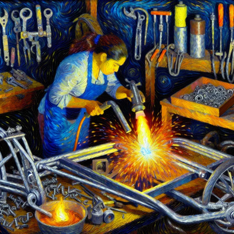Vakman last met een fel brandende lastoorts een gebroken fietsframe in een werkplaats, omringd door vonken en gesmolten metaal in Van Gogh-stijl