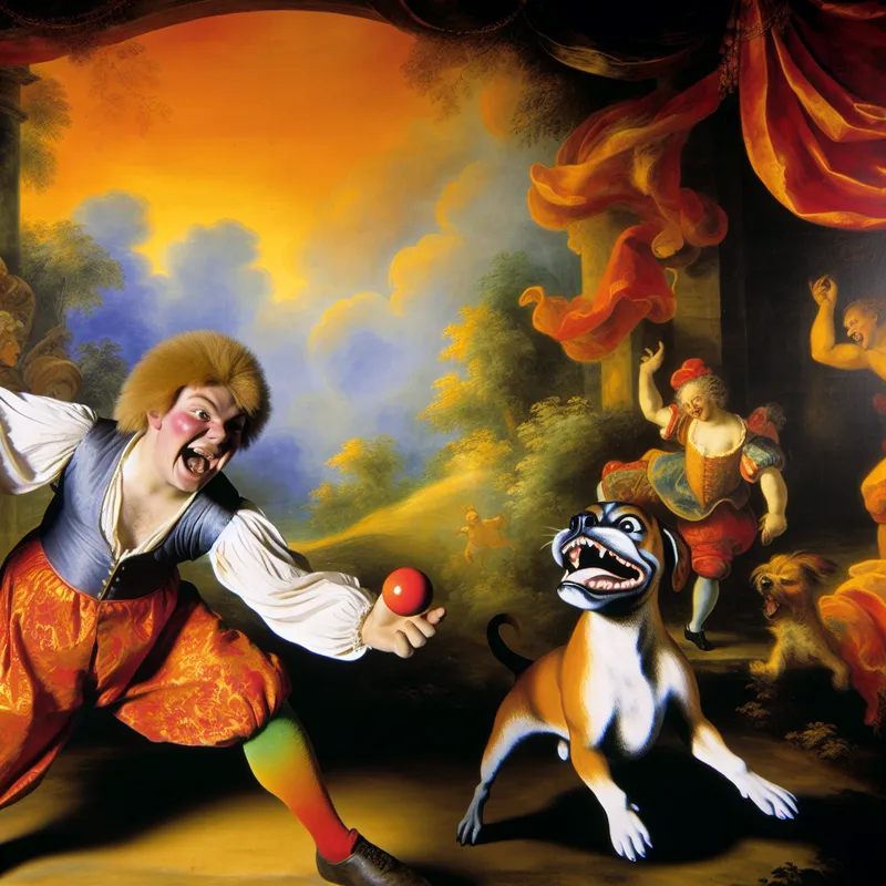 Barokke scène van een ondeugende jongen die een rode bal weggrist van een blaffende hond, illustrerend het begrip 'lastigvallen'