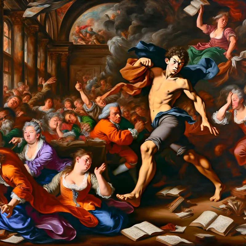 Barokke klaslokaalscène met een chaotische jongen die boeken omgooit en de leraar frustreert, illustrerend wat een lastpost is