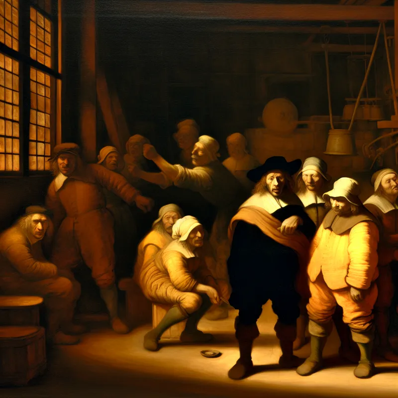 17e-eeuwse Nederlandse werkplaats met arbeiders die latente spanning en onrust tonen, geschilderd in de stijl van Frans Hals