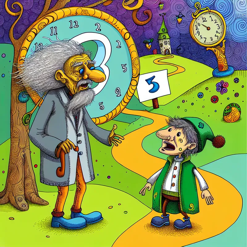 Twee cartoonfiguren met een groot leeftijdsverschil, een groot zwevend cijfer 3 ertussen dat het verschil in leeftijd symboliseert