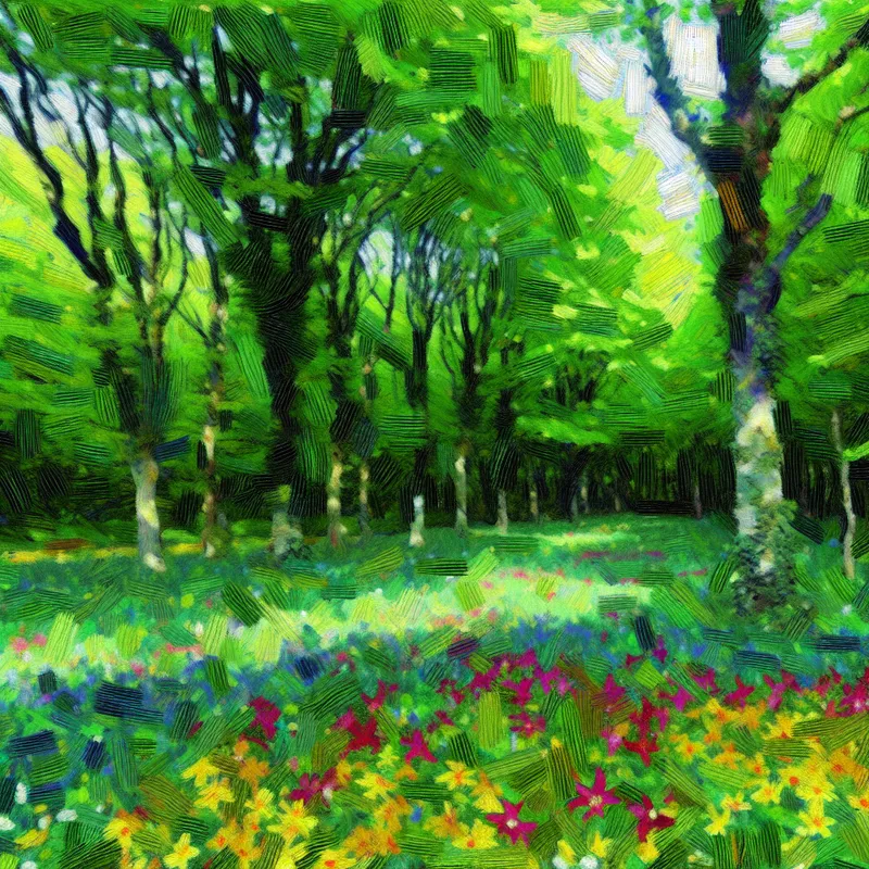 Een levendig boslandschap met eiken- en beukenbomen en kleurrijke wilde bloemen in de voorgrond, geschilderd in de expressieve stijl van Vincent van Gogh.