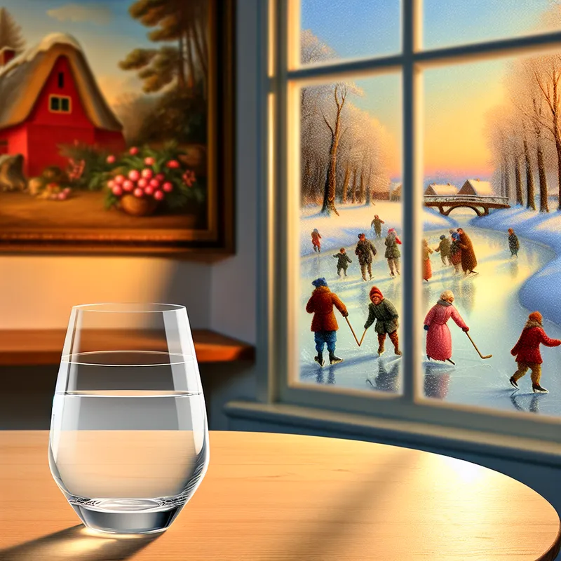 Een leeg glas op een tafel in een warm winterkamertje met een besneeuwd landschap op de achtergrond.
