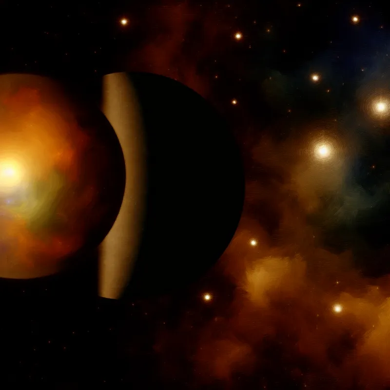 Een dramatisch kosmisch tafereel dat de lege ruimte tussen twee planeten toont, met een heldere, kleurrijke planeet aan de linkerkant en een schaduwrijke planeet aan de rechterkant.