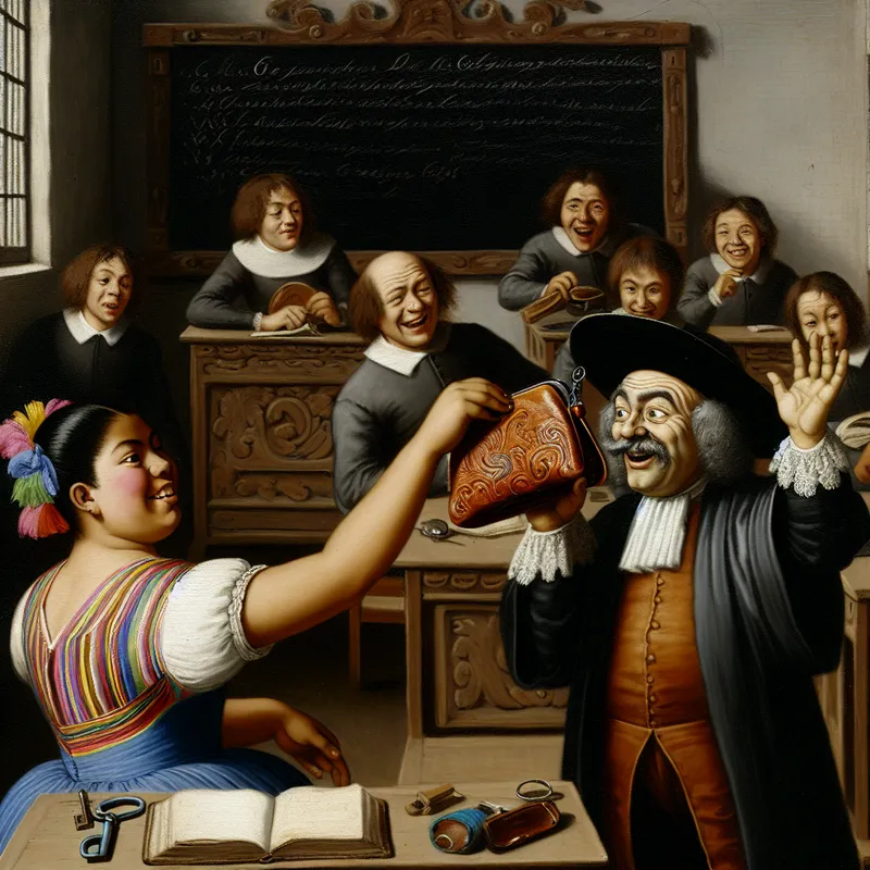 Een levendige schoolklas waar een leerling een kleurrijke leer pouch aan een blije leraar geeft.