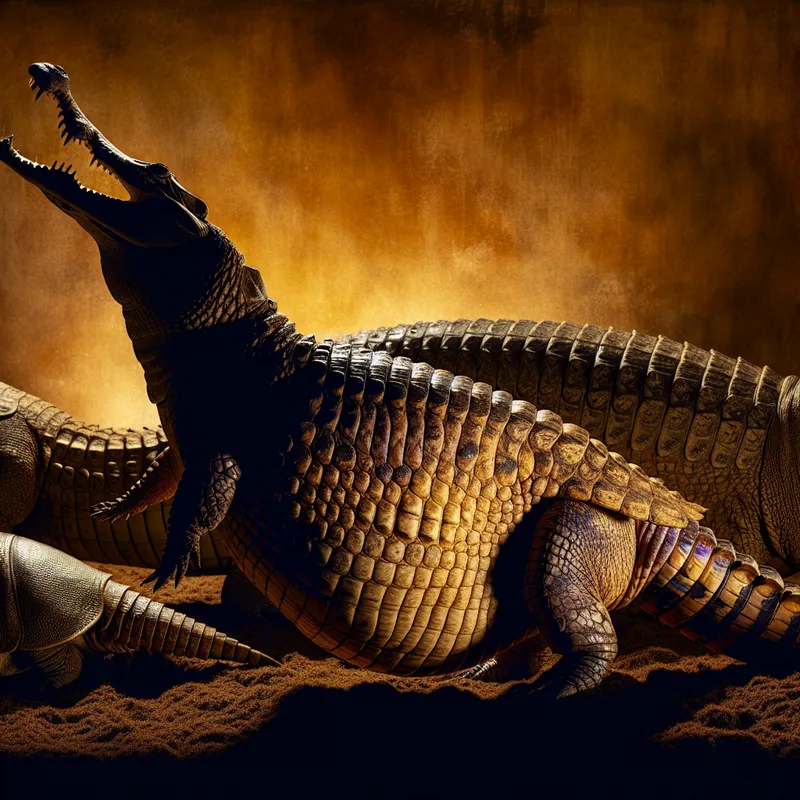 Crocodiles and armadillos in dramatic lighting, showcasing their leathery skin textures in a natural setting.