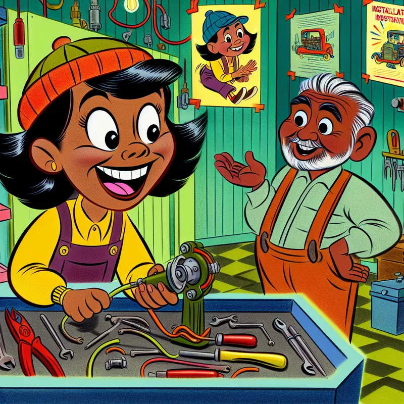 Cartoonachtige tekening van een student die als leerling in een installatiebedrijf werkt, met een blije uitstraling en onder begeleiding van een oudere instructeur.