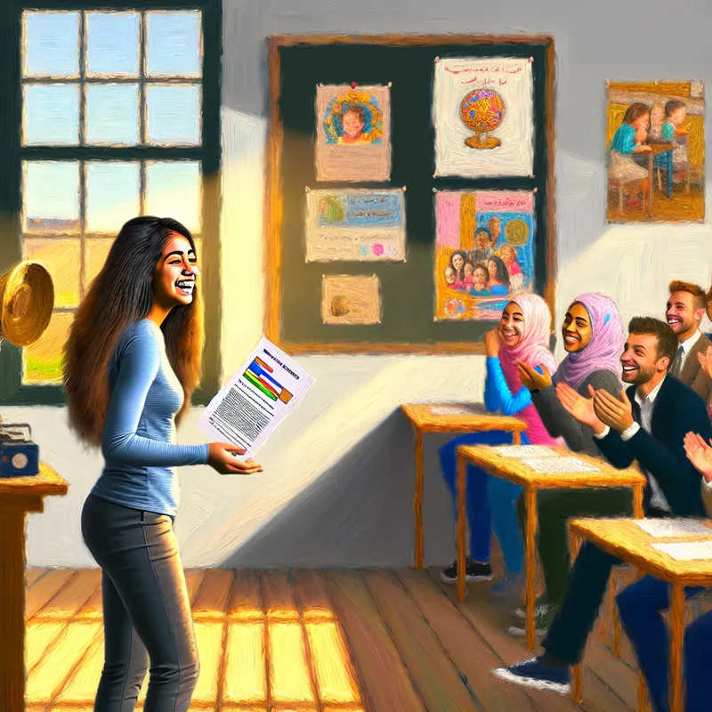 Een leerling presenteert trots met een hoog cijfer, omringd door klappende klasgenoten in een kleurrijke klasomgeving.