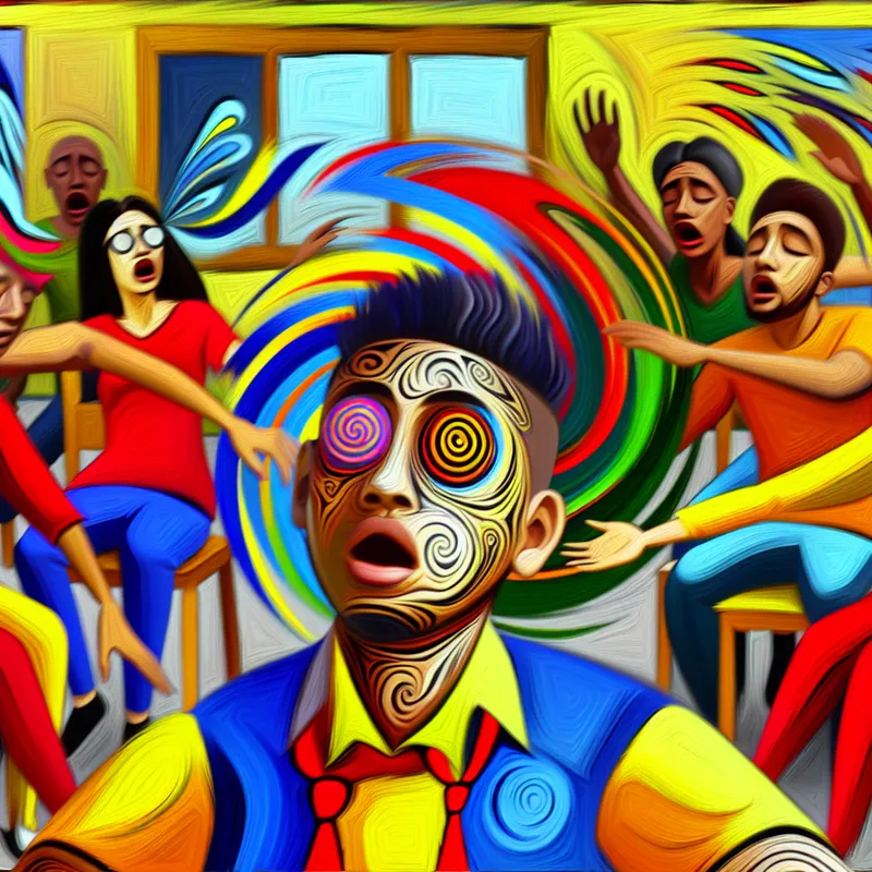 Een leerling valt flauw in een klaslokaal, omgeven door andere studenten die geschrokken en hulpvaardig reageren.