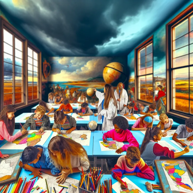 Leerlingen maken kleurrijke kaarten van Afrikaanse landen in een klaslokaal.