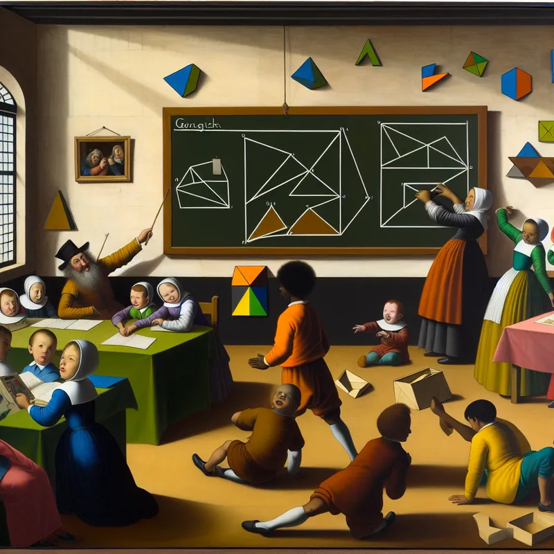 Illustratieve classroom scene met leerlingen die leren over geometrie, met een kleurrijke rechthoek op het bord.