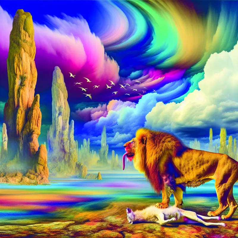 Een majestueuze leeuw staat trots boven zijn vers gevangen prooi in een levendig, surrealistisch landschap met torenhoge rotsen en een dramatische lucht.