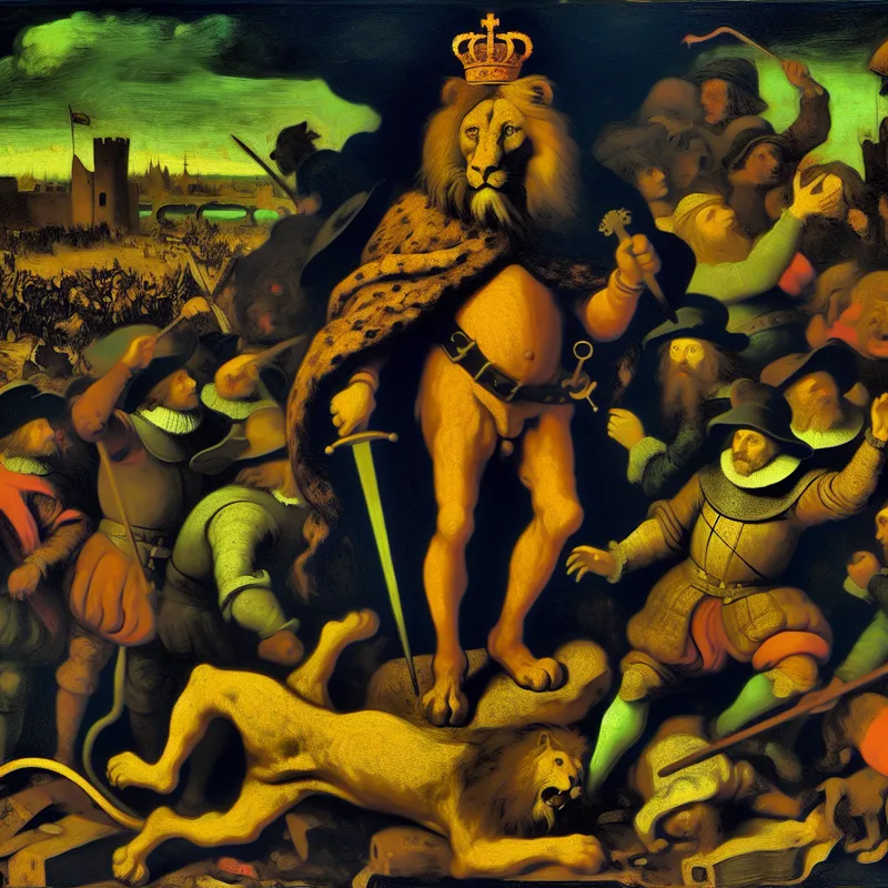 Een majestueuze leeuw in een strijdtoneel, gekleed met een kroon en cape, symboliseert moed en kracht.