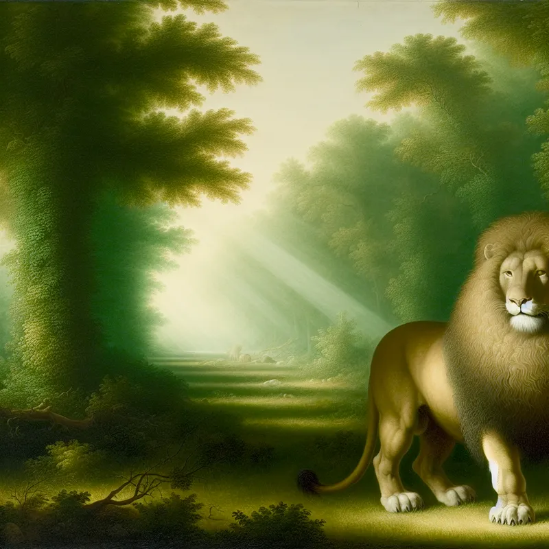 Een majestueuze leeuw staat trots in een weelderig groen landschap, symbool voor gerechtigheid.