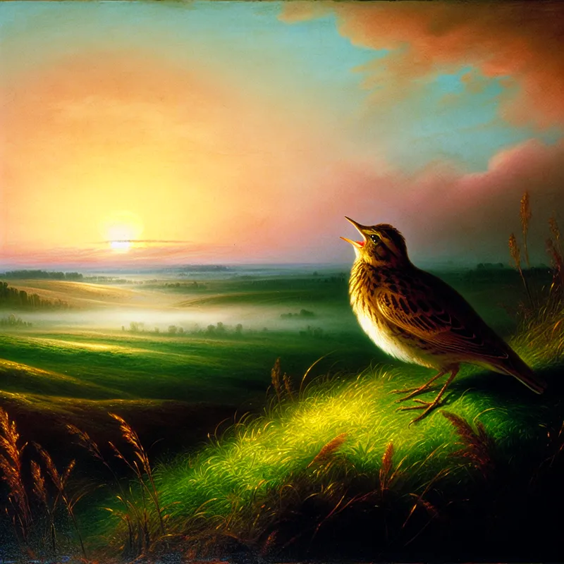 Een leeuwerik zittend op een groene heuvel bij zonsopgang, zingend met open snavel.