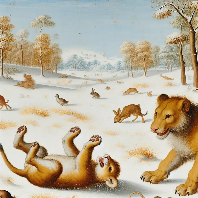 Een leeuwin en haar schattige leeuwenwelp spelen in een sneeuwlandschap met witte sneeuw en warme bruin- en goudtinten.