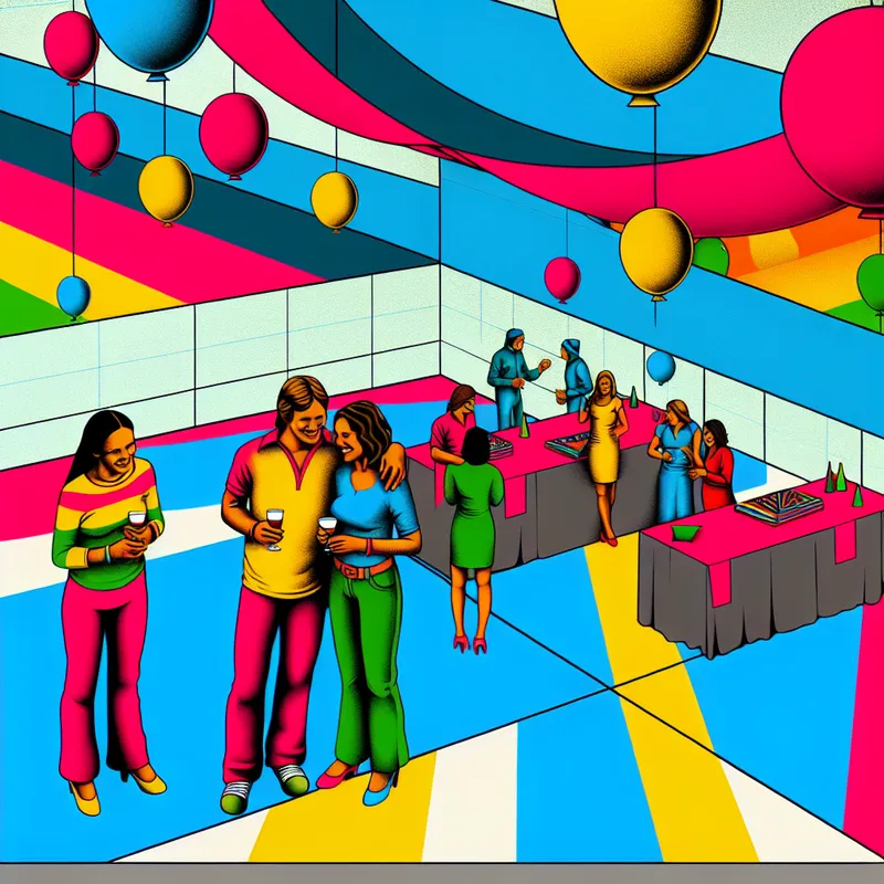 Een lege feestlocatie met kleurrijke versieringen en enkele gasten.