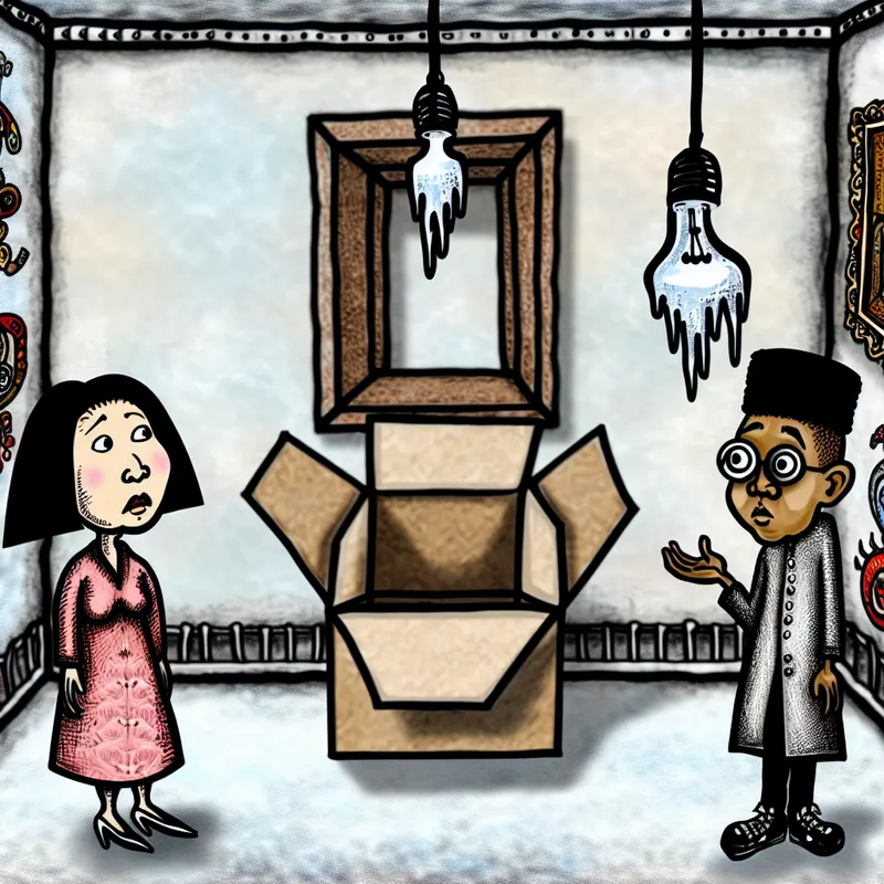 Cartoonachtige illustratie van een lege kamer met een grote open kartonnen doos in het midden, omringd door speelse figuren.