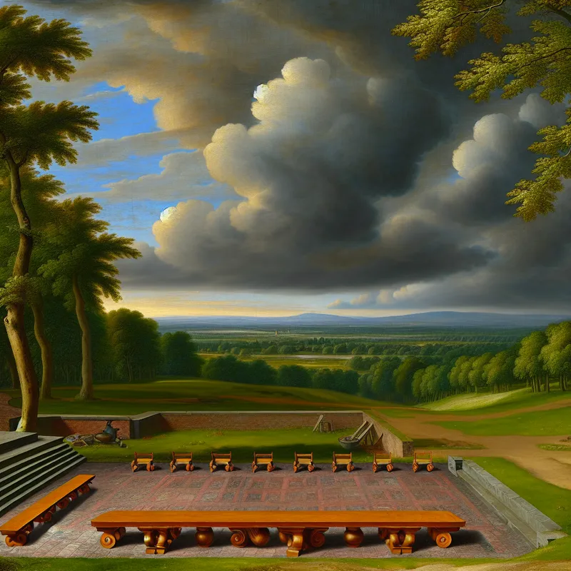 Een leeg buitenontmoetingspunt met een lange houten tafel en lege stoelen onder een dramatische lucht met dreigende wolken, alles omgeven door een weelderig groen park.