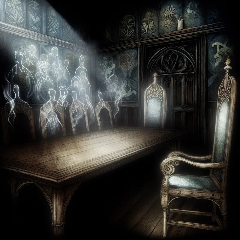 Een lege, ornamentale stoel in een sombere vergaderzaal met schaduwen, omringd door ghostly silhouetten van andere deelnemers, symboliseert de rol van een bestuurslid.