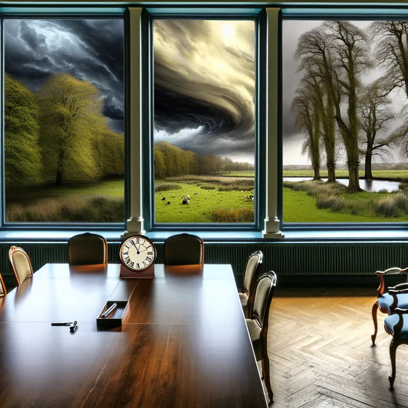 Een lege vergaderruimte met uitzicht op een landschap, met een klok die aangeeft dat het tijd is voor de afspraak.