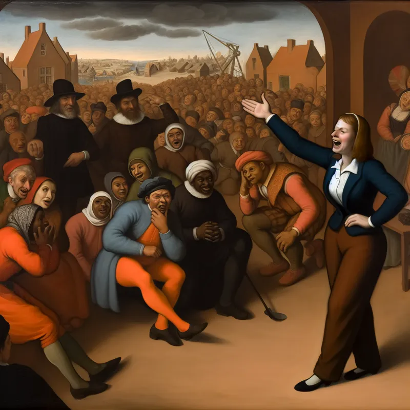 Een zelfverzekerde vrouw die elegant gekleed is en haar hand omhoog steekt, leidend een bijeenkomst terwijl omstanders met verwondering kijken.