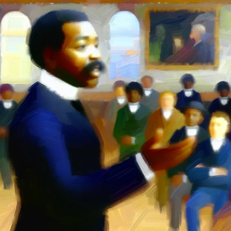 Portret van een zelfverzekerde leider die een groep toespreekt in een kantooromgeving, geschilderd in de stijl van Frans Hals