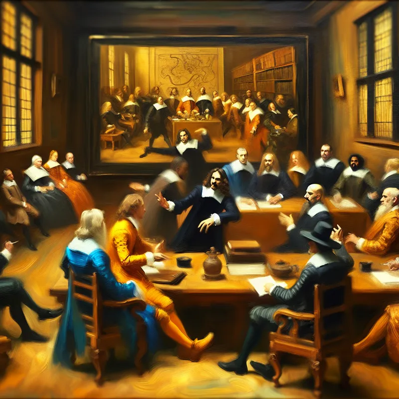 Diverse groep leiders in een levendige bestuursvergadering van een universiteit of groot bedrijf, stijl van Frans Hals