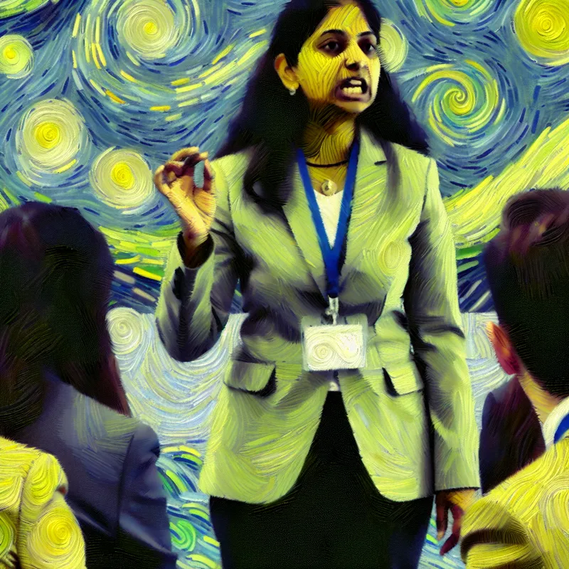 Persoon die zelfverzekerd leiding geeft aan een groep in Van Gogh-stijl met expressieve penseelstreken en levendige kleuren