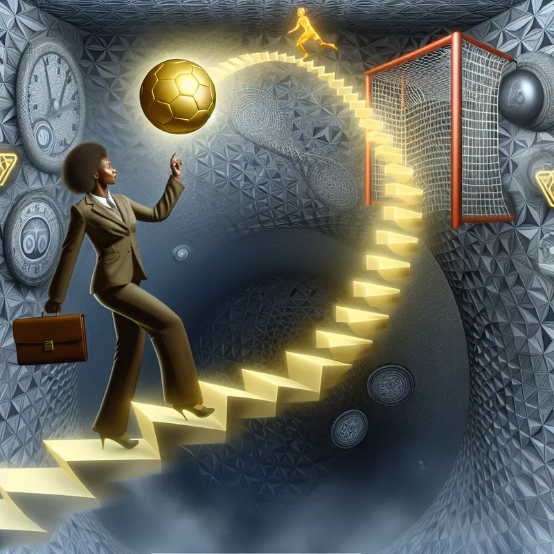 Surrealistische afbeelding in de stijl van M.C. Escher van een zelfverzekerde figuur die een gouden voetbal in een net plaatst dat overgaat in een bedrijfsladder, symboliserend leiderschap en talent tonen