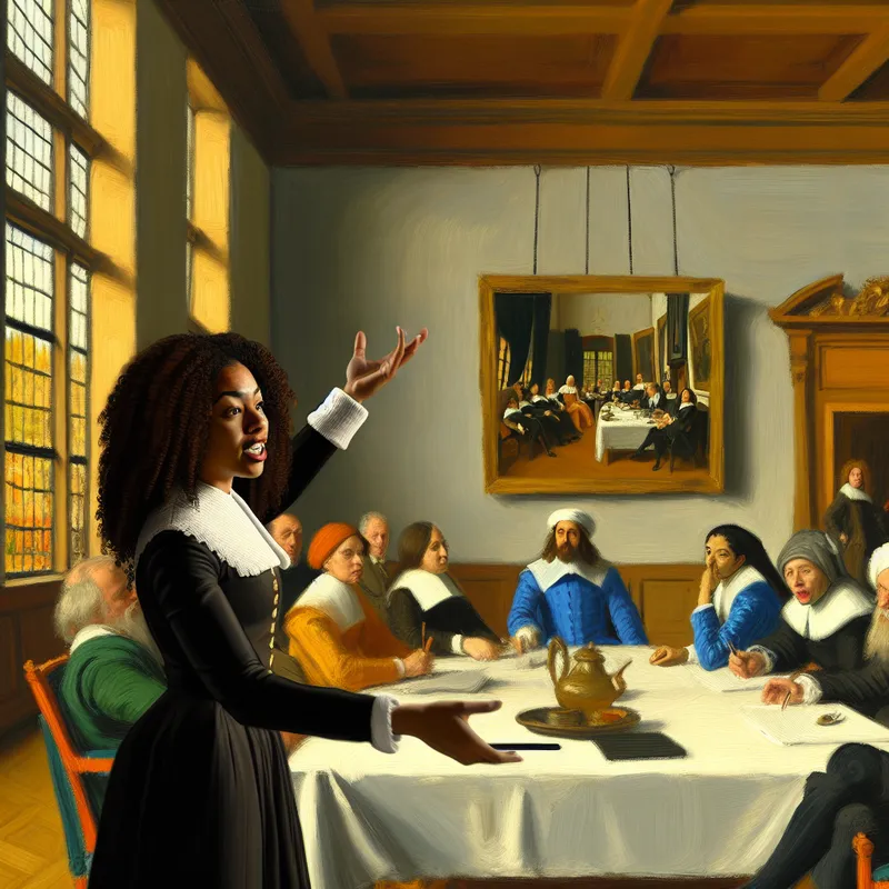 Zelfverzekerde vrouw geeft leiding tijdens een vergadering in een lichte ruimte, geschilderd in de levendige stijl van Frans Hals