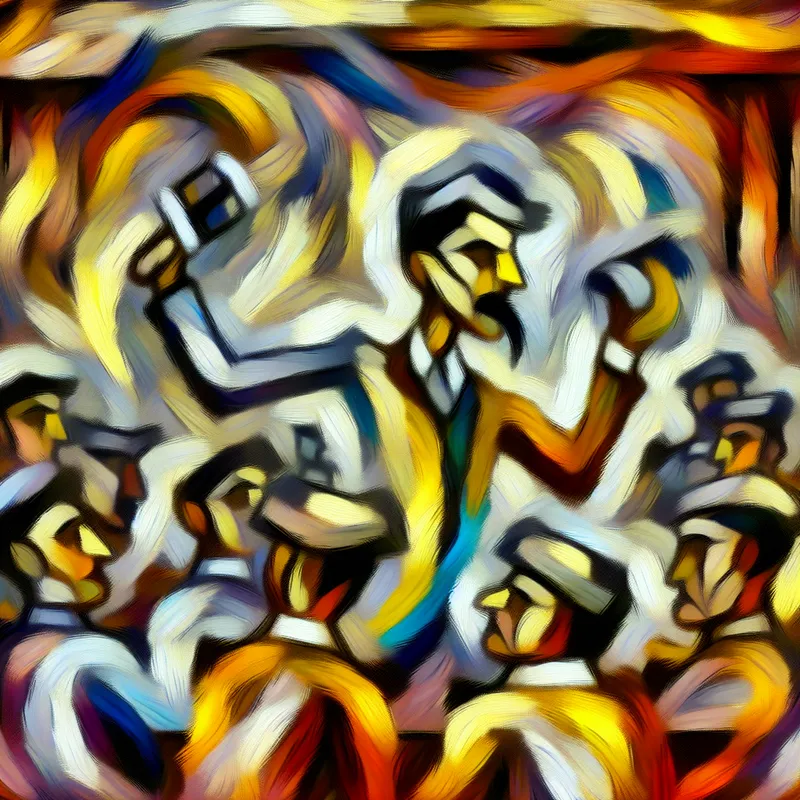 Abstract expressionistisch tafereel van een zelfverzekerde persoon die leiding neemt in een informele groep vrienden in een café