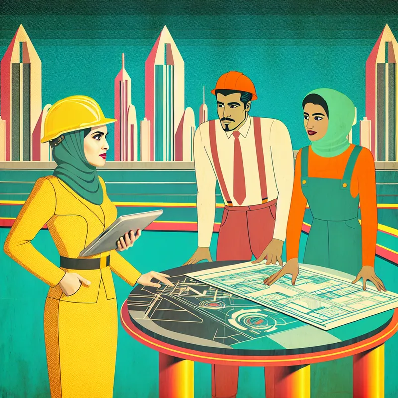 Illustratie van een moderne retro-futuristische engineer in een leidende rol op een bouwplaats met een diverse team van werknemers.