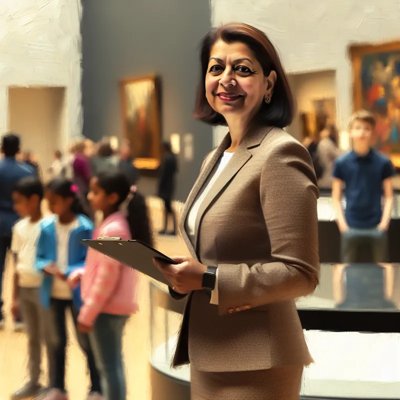 Portret van een zelfverzekerde vrouwelijke leidinggevende in een modern museum, omringd door jonge bezoekers bij interactieve tentoonstellingen, geschilderd in de stijl van Frans Hals