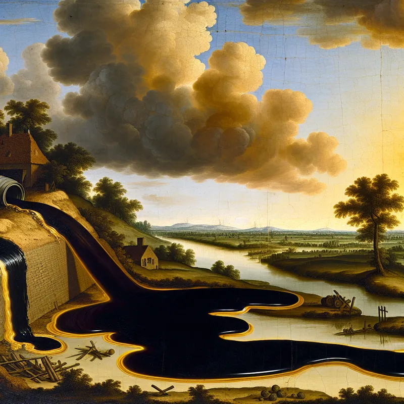 17e-eeuws Nederlands landschap met olielekkage uit een gebroken vat bij een watermolen, dramatische lucht en gouden zonsondergang