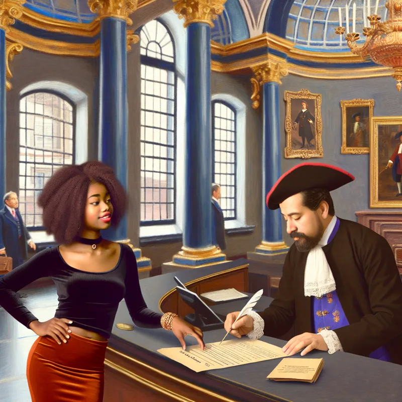 Een jonge vrouw staat zelfverzekerd bij een balie in een rijk versierde bank, terwijl ze een formele aanvraag voor een lening overhandigt aan een medewerker.