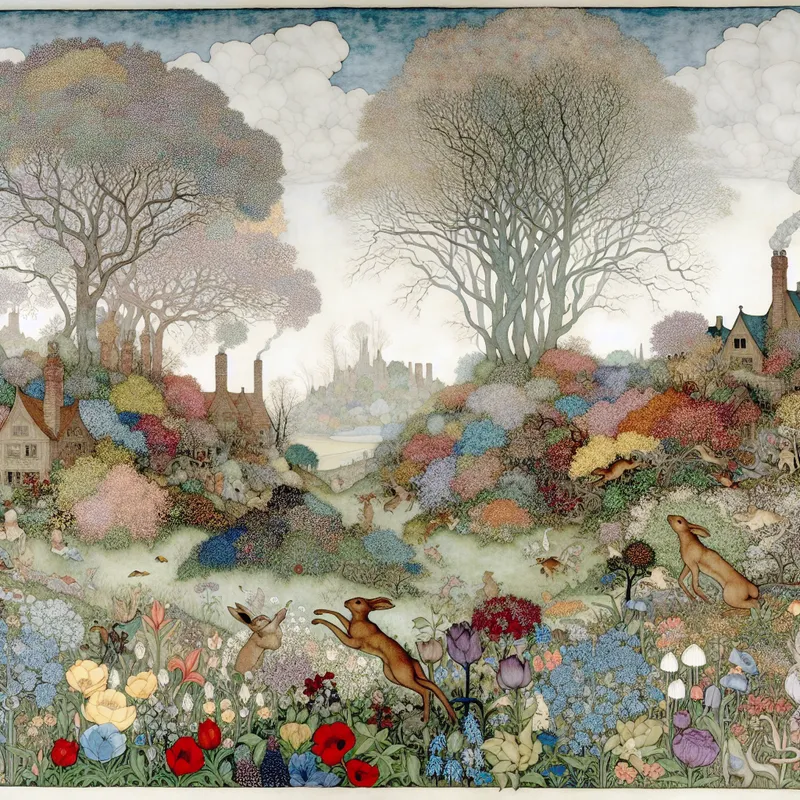 Een vrolijk lentelandschap met bloeiende bomen, kleurrijke bloemen en speelse bosdieren onder een blauwe lucht.